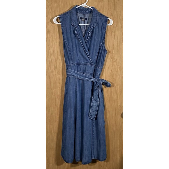 Tommy Hilfiger Denim Shift Dress Belted Midi Sleeveless Pockets Women's Sz 12 - Picture 1 of 9